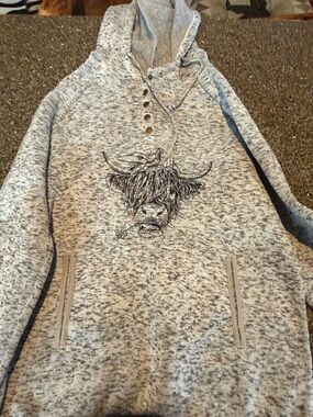 Grey Marled Hooded Pullover with Highland Cow Graphic